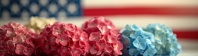 Close-up of colorful hydrangea flowers with American flag background, symbolizing patriotism and natural beauty in a festive setting.