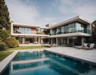 Una casa contemporanea con tetto a sbalzo ha una piscina con bordo a cascata, circondata da un giardino curato.
