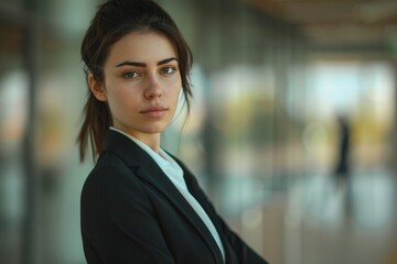Obraz premium Professional Woman in Black Blazer Standing in Modern Office Space