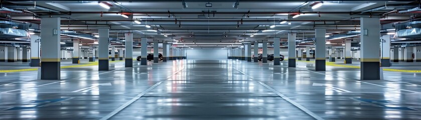 Interior parking garage with soft lighting, empty of vehicles, industrial design