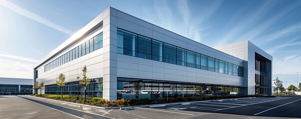 Obraz premium Modern office building fronted by an empty outdoor parking lot with sun protection, sleek architectural design