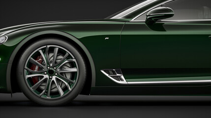 Half of a green luxury coupe from the front right side with copy space for text on a plain black background for high-end vehicle ads.