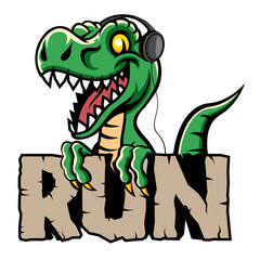 Obraz premium t-rex run with headphones on vector cartoon design illestration good for t-shirt print