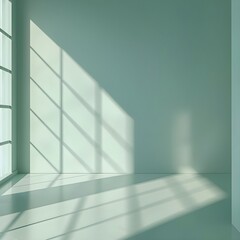 Fototapeta premium sea green empty room with windows, sunlight coming through, background wallpaper, copy space