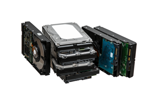 Hard drives stacked on top of each other. SATA 3.5 HDD for information storage. Isolate on a white back.