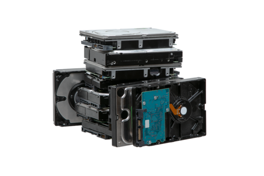 Hard drives stacked on top of each other. SATA 3.5 HDD for information storage. Isolate on a white back.