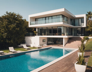 Fototapeta premium La residenza di lusso, con pareti in cemento e vetro, presenta una piscina che riflette il cielo sereno. 