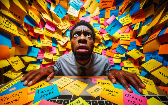 A person, surrounded by post-it notes and password reminders with a look of utter frustration on their face.