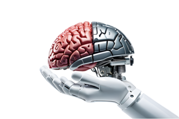 Robot's hand holding a brain isolated on transparent background. Perfect for AI themes, futuristic designs, and technological visuals. 