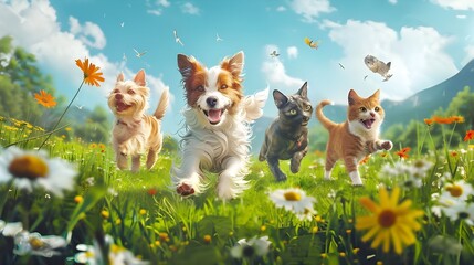 Fototapeta premium dog on the meadow,Cute pets in a vibrant, sunny field, dynamic action shot.