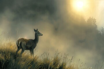 Deer Standing in Misty Field at Sunrise