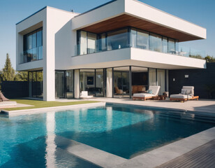 Fototapeta premium La piscina a forma di L si estende lungo il lato della casa, con una zona relax dotata di ombrelloni e lettini. 