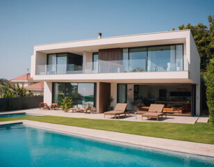 Fototapeta premium La piscina a sfioro di una casa moderna si fonde con l'orizzonte, dando l'illusione di un continuo d'acqua. 