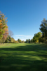 Obraz premium Wide angle view of a golf course with trees in the background 