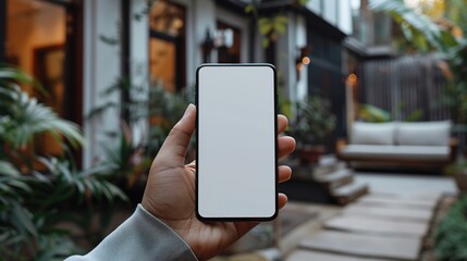 A smartphone with a blank screen, against a blurred living room, is ideal for app interfaces, digital marketing, and smart home concepts, enhancing user experience and development.