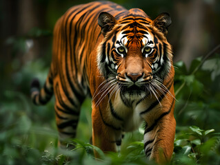 Fototapeta premium Majestic tiger with vibrant stripes and piercing eyes stealthily stalks through lush green jungle.