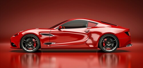Red sports coupe half side view with copy space on sleek background for dynamic vehicle advertisements