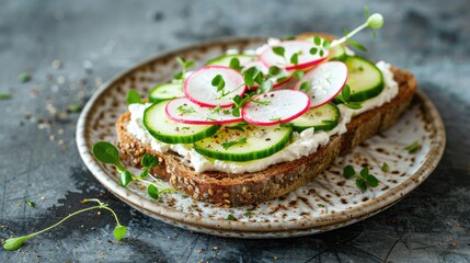Vegetarian appetizer with radish and cucumber slices and cream cheese on brown rye bread topped with herbs on a ceramic plate