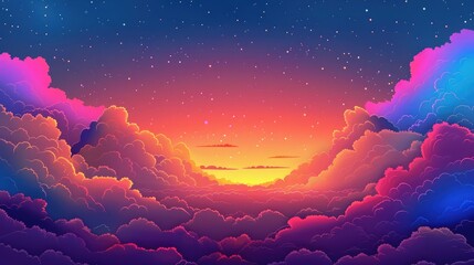 A vibrant sunset with colorful clouds and a starry sky.