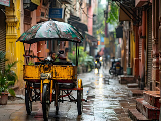 Busy city street, traditional rickshaw maneuvering through narrow alleyways, transporting passengers, bustling urban scene.