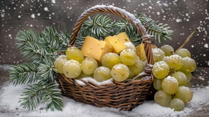  A basket brimming with grapes and cheese, nearby, a pine branch draped in snow Cones adorn the branch, one nestled by the basket's side