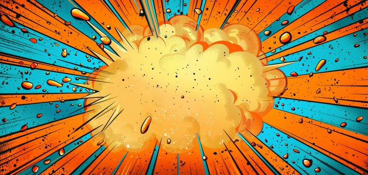 Blank space comic book explosion, superhero theme, birthday card template, dynamic pop art style, vibrant orange and blue bursts, retro design