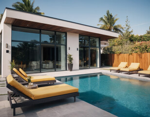 Fototapeta premium La casa, caratterizzata da linee pulite e minimaliste, ha una piscina a sfioro che si estende verso un panorama mozzafiato. 