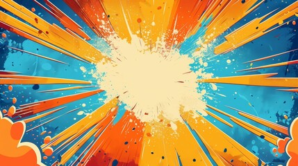 Blank superhero comic explosion background, dynamic bursts, birthday card template, pop art style, orange and blue colors, retro design