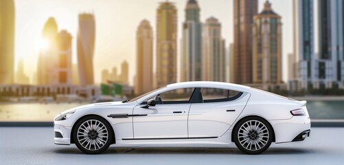 White sports sedan half side view with ample copy space on blurred cityscape background for...