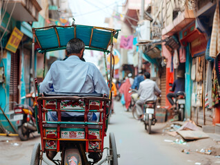 Busy city street with crowded buildings as rickshaw navigates narrow alleyway with passengers onboard.