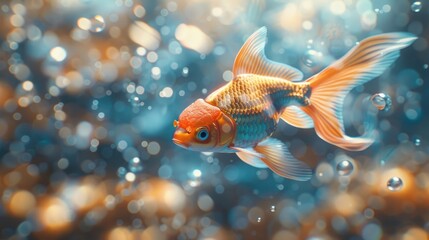 Vibrant Goldfish Swimming Among Bubbles in Sunlit Water