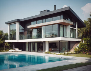 Fototapeta premium Una residenza contemporanea con pareti in legno e cemento si affaccia su una piscina a sfioro, che sembra proseguire fino all'orizzonte marino. 