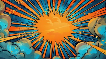 Comic book explosion with blank space, superhero theme, vibrant pop art background, dynamic birthday card template, orange and blue rays