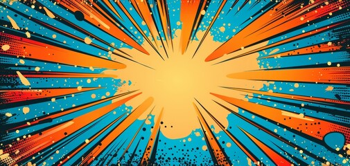 Comic explosion background with blank space, superhero theme, birthday card design, dynamic orange and blue rays, vibrant pop art, retro comic book