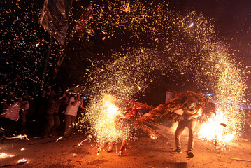 Jepara, Indonesia - May 20 2024 : Perang Obor ,The Fire Torch War as a traditional ceremony to...