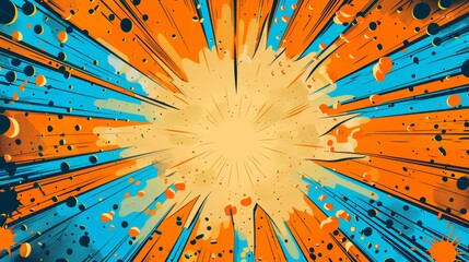 Comic explosion background with superhero theme, blank space, birthday card design, vibrant pop art style, dynamic orange and blue rays, retro comic