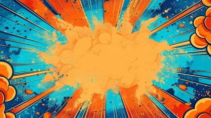 Comic explosion background with superhero theme, blank space, birthday card design, vibrant pop art style, dynamic orange and blue rays, retro comic