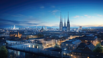 Serene Dusk Over Urban Skyline with Prominent Cathedrals