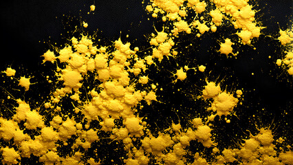 yellow flowers are sprinkled on a black background.