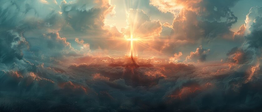Cross on Golgotha with light rays, Easter greeting card, spiritual, serene clouds, divine landscape, religious symbol, inspirational
