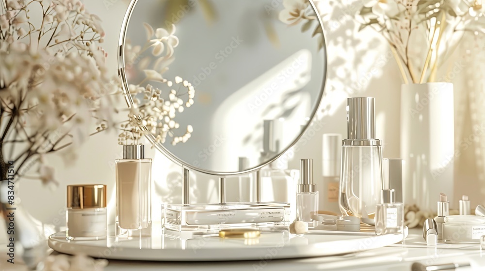 Aufkleber a close-up of a tabletop mirror surrounded by various cosmetic products, set in a bright and elegant