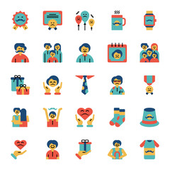 Fathers Day Icons Set. Flat Vector Icons. Contains Icon such as Appreciation,Bond,Balloons,Mug,Watch,Dad,Family,Father,Fathers Day,Parent,Gift,Gratitude,Tie,Hero,Honor,Hug,Joy,Love,Socks,