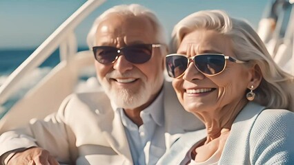 Beautiful elderly couple wearing sunglasses enjoying their trip on a luxury yacht. Luxury travel concept. Generative AI