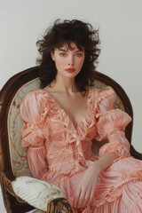 an advertisement featuring elegant woman in 80's dress chill sitting on sofa chair, magazine ad from early 80s, white background