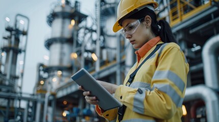A woman wearing a yellow safety jacket and a hard hat is looking at a tablet