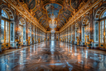 The Hall of Mirrors at Chateau de Versailles with its opulent decor and chandeliers