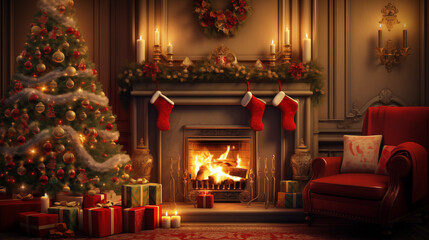 Fototapeta premium Cozy Christmas Fireplace Scene with Stockings and Gifts