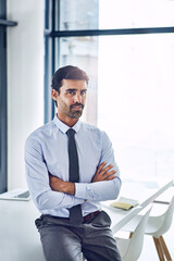 Office, crossed arms and portrait of business man in office with company pride, confidence and ambition. Corporate lawyer, professional and person in law agency for legal consulting, job and career