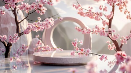 Pastel background with rock arch podium, 3D rendered, pink cherry blossoms, serene setting