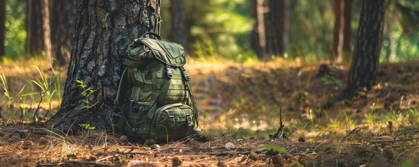 A backpack resting against a tree trunk in a forest setting highlights a sense of adventure and nature.